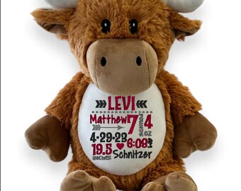Personalized Highland Cow Stuffed Animal, Birth Stats Baby Gift
