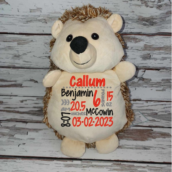 Hérisson personnalisé, peluche personnalisée, faire-part de naissance, stat de naissance animal, cadeau bébé, animal brodé, jouet en peluche, peluche