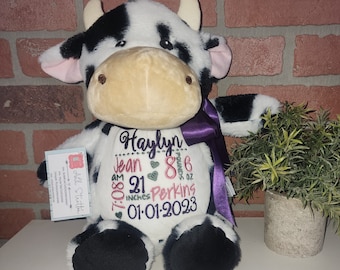 Vache en peluche personnalisée, statistiques de naissance brodées, cadeau pour bébé