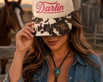 Custom Darlin Hat, Cow Print Embroidered Snapback, Western Cowgirl Cap, Pink Embroidery Hat, Custom Rodeo Hat, Personalized Country Hat
