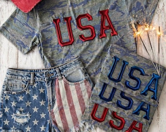 Patriotic USA Shirt, Camo Fourth of July Tee, Retro America Graphic Tee, Red White Blue Shirt, Independence Day Outfit