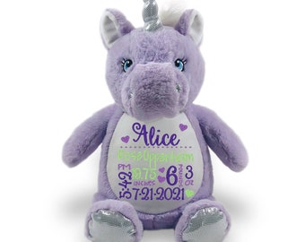 Personalized Purple Unicorn, Personalized Stuffed Animal, Birth Announcement, Birth Stat Animal, Baby Gift, Embroidered Animal, Stuffed Toy