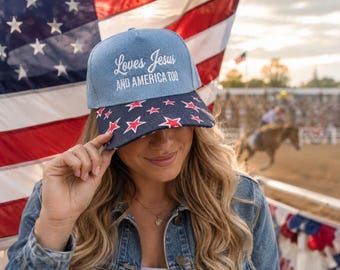 Loves Jesus and America Too Hat | Patriotic Trucker Hat | Christian Fourth of July Hat | USA Stars Brim Cap | Country Concert Rodeo Hat