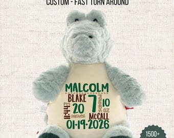 Faire-part de naissance Gator | Peluche alligator personnalisée | Peluche personnalisée avec statistiques de bébé | Cadeau unique pour nouveau-né | Souvenir de baby shower