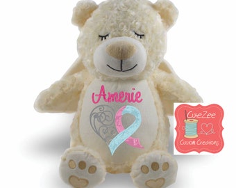 Personalized Angel Bear Plush, Memorial Gift, Cancer Awareness Ribbon