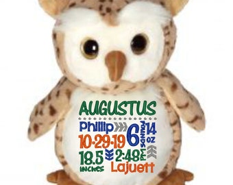 Chouette personnalisée, peluche personnalisée, hibou, faire-part de naissance, peluche brodée, souvenir personnalisé, cadeau bébé