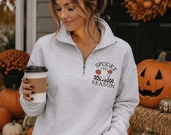 Spooky Season Quarter Zip Sweatshirt, Ghost Embroidered Pullover, Halloween Quarter Zip, Women's Fall Sweatshirt, Cozy Halloween Mom Gift