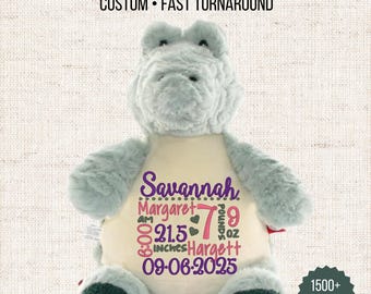 Faire-part de naissance Gator | Peluche alligator personnalisée | Peluche personnalisée avec statistiques de bébé | Cadeau unique pour nouveau-né | Souvenir de baby shower
