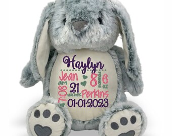 Personalized Bunny, Personalized Stuffed Animal, Birth Announcement, Birth Stat Animal, Baby Gift, Embroidered Animal, Stuffed Toy, Plush