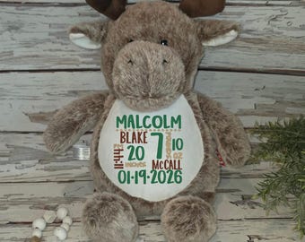 Peluche orignal personnalisée, peluche avec nom personnalisé, cadeau de baby shower des bois, jouet orignal brodé, cadeau souvenir pour bébé, orignal mignon