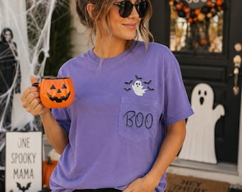 Ghost Halloween Pocket Shirt | Embroidered BOO Comfort Colors Tee | Cute Halloween Shirt for Women | Bat Ghost Tee | Spooky Season Shirt