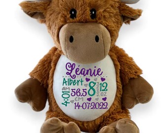 Personalized Highland Cow Stuffed Animal, Birth Stats Baby Gift