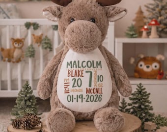 Peluche orignal personnalisée, peluche avec nom personnalisé, cadeau de baby shower des bois, jouet orignal brodé, cadeau souvenir pour bébé, orignal mignon