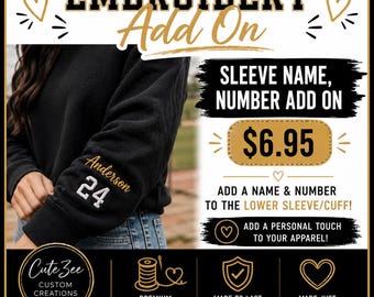 Embroidered Sleeve Personalization Add On | Name & Player Number Embroidery | Sports Mom Sweatshirt Customization