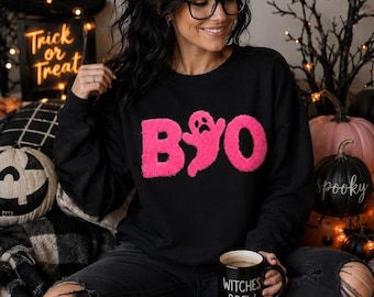 Boo Halloween Sweatshirt | Pink Fuzzy Ghost Crewneck | Cute Spooky Season Sweatshirt | Cozy Fall Pullover | Women's Halloween Gift