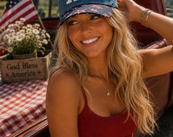 1776 Patriotic Denim Trucker Hat | Americana Embroidered Cap | Fourth of July Hat | USA Star Brim Hat | Summer Country Style | Father's Day