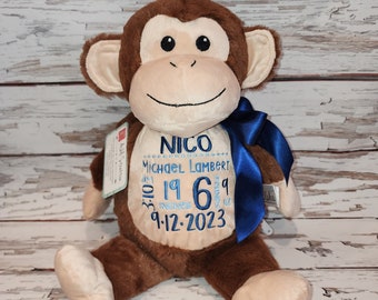 Personalized Monkey Plush, Embroidered Birth Stats, Baby Gift