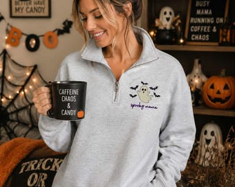 Spooky Mama Quarter Zip Sweatshirt, Embroidered Ghost Sweatshirt, Halloween Mom Pullover, Cute Bat Ghost Quarter Zip, Pumpkin Patch Outfit
