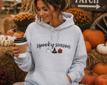 Spooky Season Embroidered Hoodie | Cute Halloween Sweatshirt for Women | Ghost Pumpkin Witch Hat Hoodie | Fall Pumpkin Patch Hoodie | Mama