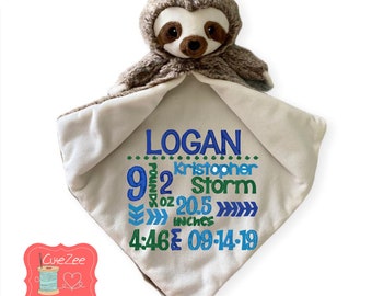 Personalized Sloth Lovey Blanket, Personalized Baby Gift, Birth Announcement Gift, Baby Gift, Little Elska, Security Blanket, Blankie