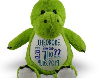 Dinosaure personnalisé, animal en peluche personnalisé, annonce de naissance, animal de statistique de naissance, cadeau de bébé, animal brodé, jouet en peluche