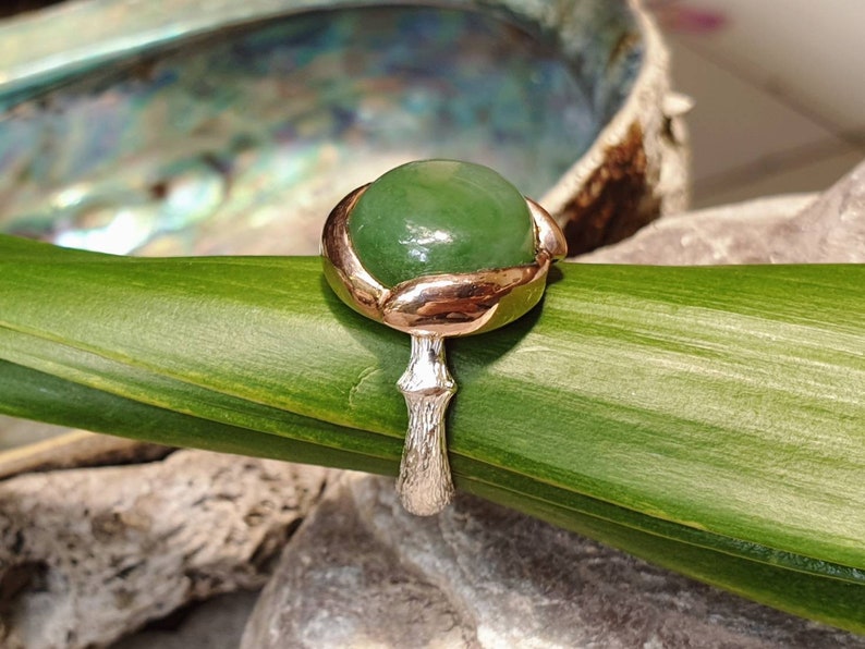 Green stone silver rose gold ring NZ pounamu silver lotus ring Green stone silver rose gold ring NZ pounamu silver lotus ring