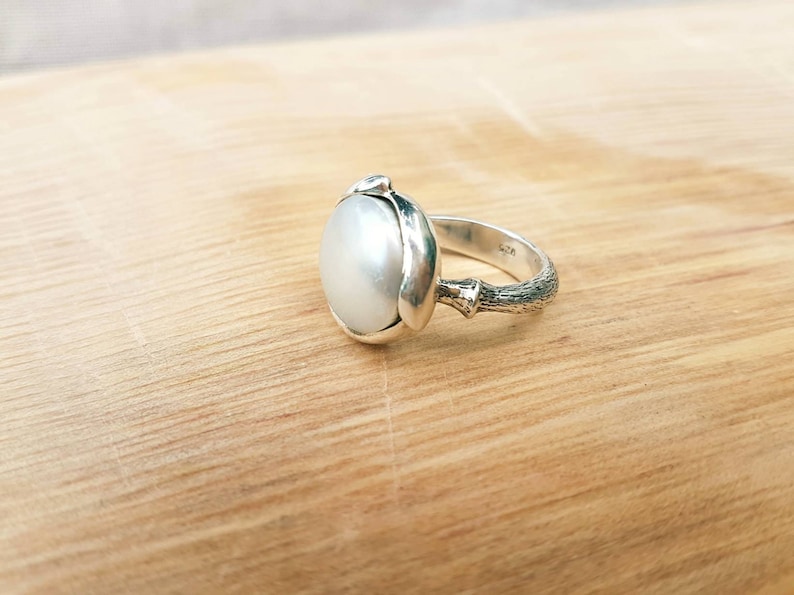hand carved ring a silver pearl water lily ring a gift for her pearl adorned in silver Large pearl silver ring ~ lotus flower ring