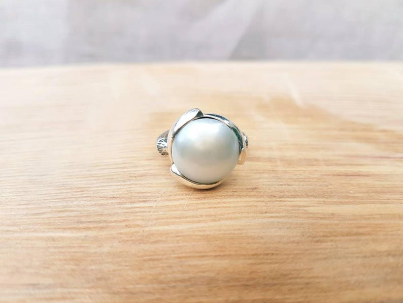hand carved ring a silver pearl water lily ring a gift for her pearl adorned in silver Large pearl silver ring ~ lotus flower ring