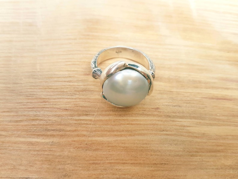 hand carved ring a silver pearl water lily ring a gift for her pearl adorned in silver Large pearl silver ring ~ lotus flower ring