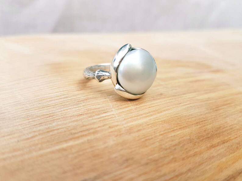 hand carved ring a silver pearl water lily ring a gift for her pearl adorned in silver Large pearl silver ring ~ lotus flower ring