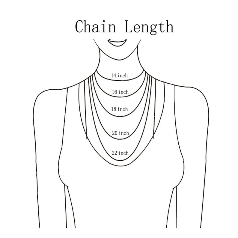 Pu&ograve; includere: Un disegno a linea di una persona che indossa una collana con cinque diverse lunghezze segnate in pollici: 14 pollici, 16 pollici, 18 pollici, 20 pollici e 22 pollici. Il testo "Chain Length" &egrave; in cima all'immagine.