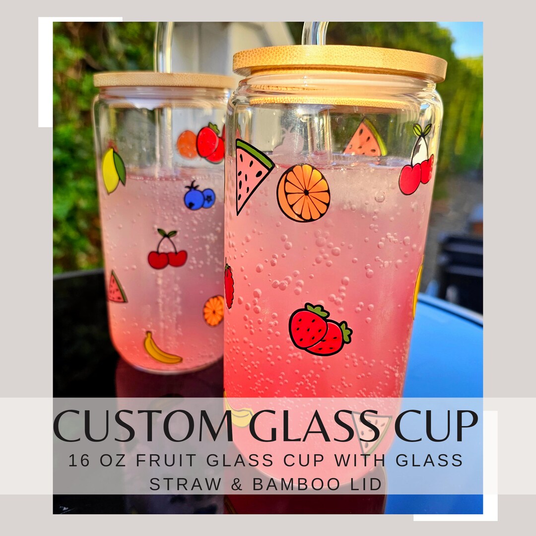 16 Oz. Glass Cup With Bamboo Lid and Straw Custom & Unique Fruit Design ...