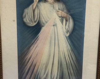 Divine Mercy Wooden Frame Very Old - Vintage 17" x 11"