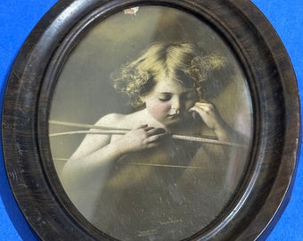 Cupid Awake and Asleep Oval Framed Metal back 1897 M B Parkinson - Antique
