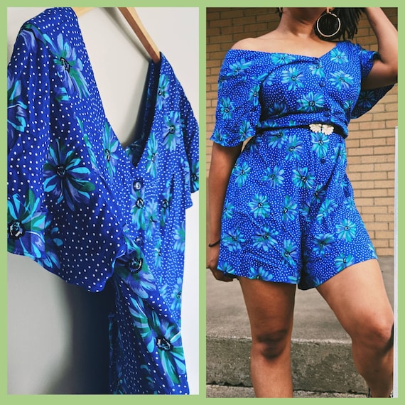 Vintage 90s Play Romper/Play Suit/Polkadot/Floral