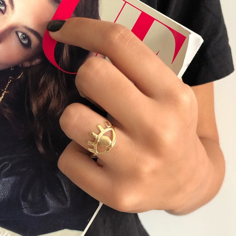 Unique Good Luck Ring Wide Ring Casual Ring Gold Plated Ring Valentines Gifts Gothic Ring Boho Ring Evil Eye Ring Statement Ring