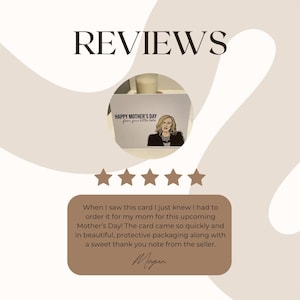 May include: A greeting card with the text "HAPPY MOTHER'S DAY from your little babe" and an illustration of a woman. The card is displayed with a five-star rating and a customer review.