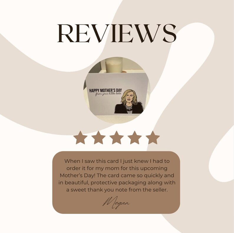 May include: A greeting card with the text "HAPPY MOTHER'S DAY from your little babe" and an illustration of a woman. The card is displayed with a five-star rating and a customer review.