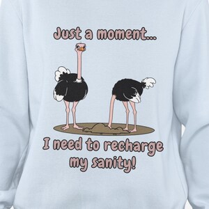 Funny Ostrich Sweatshirt - 'Just a Moment... I Need to Recharge My Sanity!' Cartoon Animal Humor Graphic Crewneck - Heavy Cotton Blend