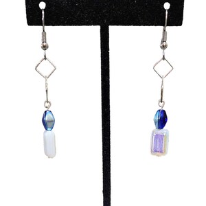 Handmade Opal Aurora Borealis Emerald Cut Dangle Earrings - Cobalt Blue Diamond Accents - Elegant Silver Chain