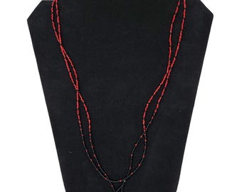 Handmade Red Black Beaded Lariat Necklace: Teardrop Pendant