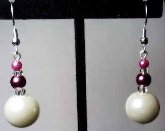 White Burgundy and Mauve Pearl Finish Beaded Dangle Earrings, Handmade Chunky Fun Elegant Beaded Fashion Jewelry, Colorful Pearl Earrings