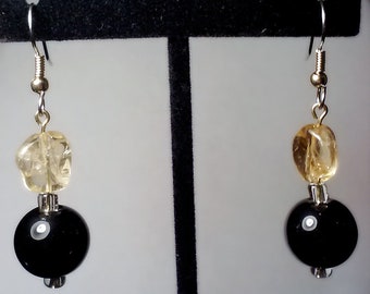Black and Citrine Chunk Beaded Dangle Earrings, Handmade Fun Elegant Chunky Bauble Beaded Fashion Jewelry, Black Transparent Yellow Earrings