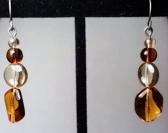 Amber and Transparent Cream Beaded Dangle Earrings, Handmade Fun Elegant Earthtone Beaded Fashion Jewelry, Natural Colored Chunky Earrings