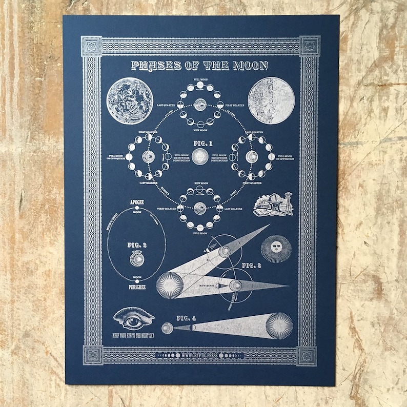 Moon Phase Vintage Illustration Inspired Letterpress Print 12.5x16.5 image 1