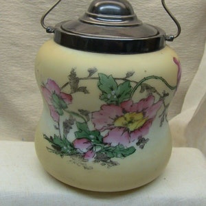 Biscuit Jar, hand painted glass biscuit jar with metal lid and bail
