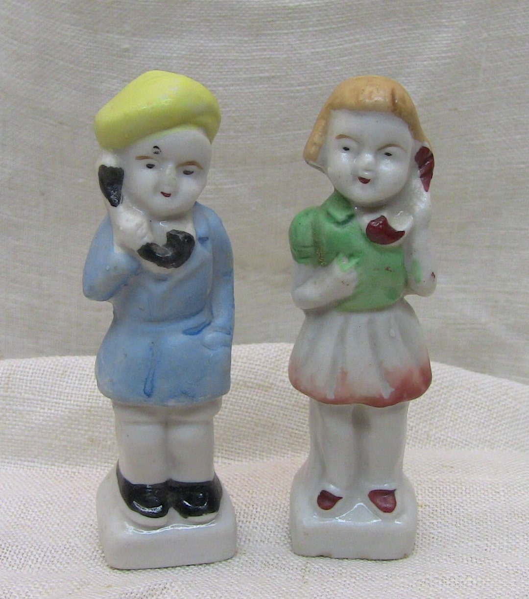 Pair of Porcelain Figurines, Boy and Girl on Telephone, Made in Japan
