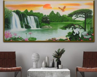 Dipinto ad olio tradizionale cinese di paesaggio / Cascata e montagna su tela / Opera d'arte con gru all'alba / Decorazione murale asiatica dipinta a mano