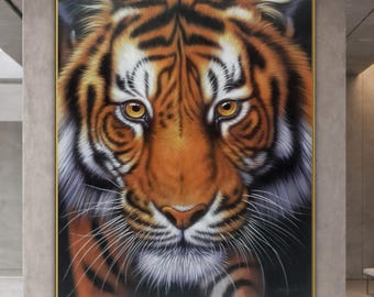Dipinto originale di tigre ad olio su tela, arte murale realistica di animali selvatici, ritratto dettagliato di animale, tigre del Bengala, opera d'arte dipinta a mano