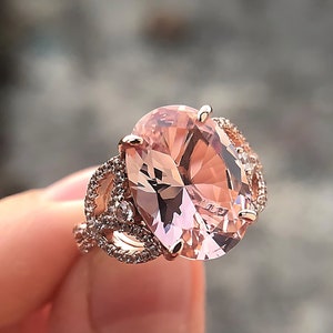 5 Carat Oval Peach Pink Morganite Ring in Rose Gold Plated Silver